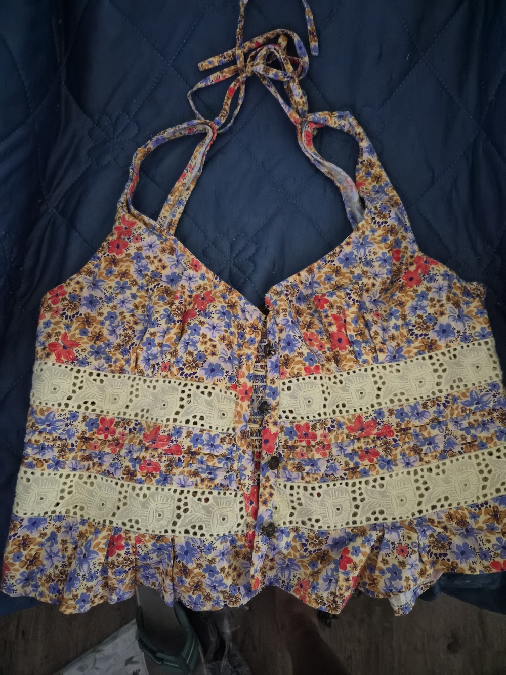 Free People Yellow Floral Halter Camisole with Cream Eyelet Trim